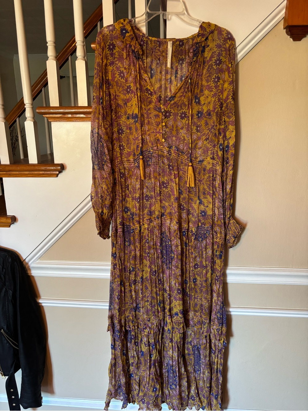Anthropologie Mustard and Purple Floral Tiered Maxi Dress size L